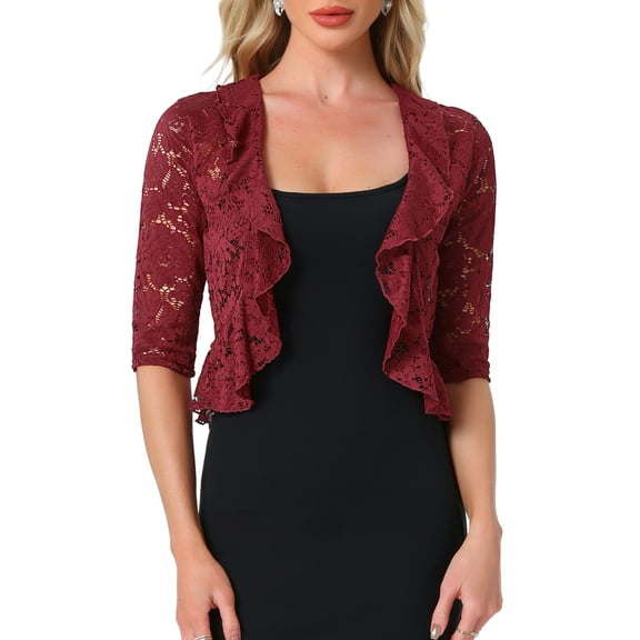 INSPIRE CHIC Lace Shrug for Women's Evening Wedding Half Sleeve Ruffle Hem Elegant Shrug M Burgundy