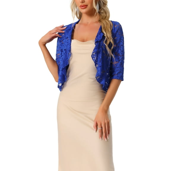 INSPIRE CHIC Lace Shrug for Women's Evening Wedding Half Sleeve Ruffle Hem Elegant Shrug XL Royal Blue