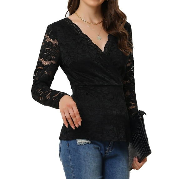 INSPIRE CHIC Lace Tops for Women's Casual Deep V Neck Long Sleeve Floral Wrap Peplum Top Blouse XL Black