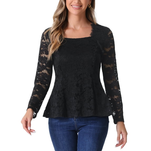 Lace Tops for Women Square Neck Long Sleeve Stertch Elegant Casual Peplum Blouse Top XS Black