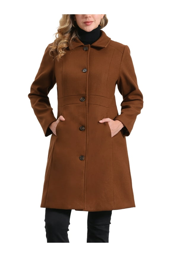 Lapel Coats for Women's Button Down Single Breasted Long Sleeve Winter Pea Coat XL Brown