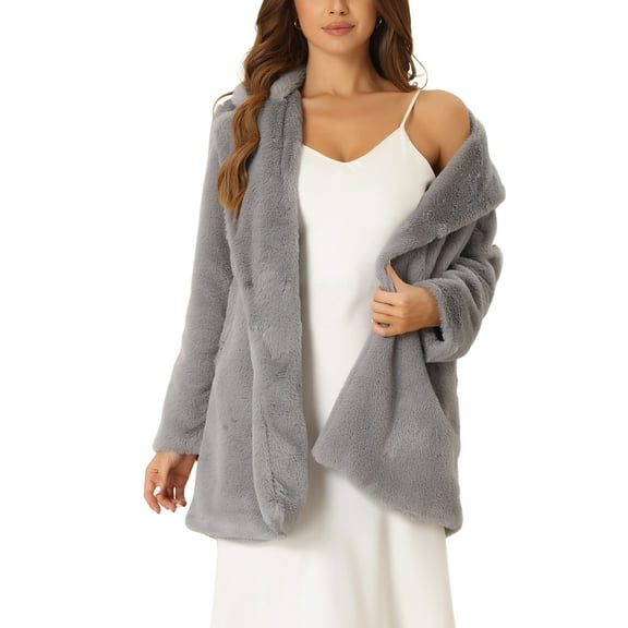 INSPIRE CHIC Lapel Faux Fur Coat for Women's Fuzzy Winter Warm Jacket Overcoat with Pockets S Grey