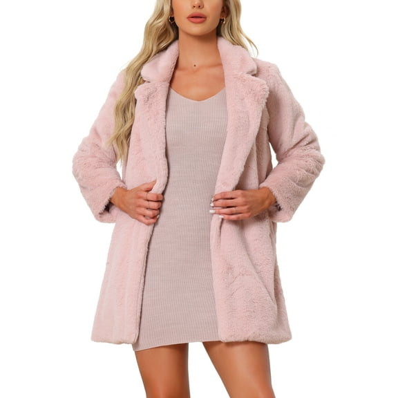 INSPIRE CHIC Lapel Faux Fur Coat for Women's Fuzzy Winter Warm Jacket Overcoat with Pockets XL Dusty Pink