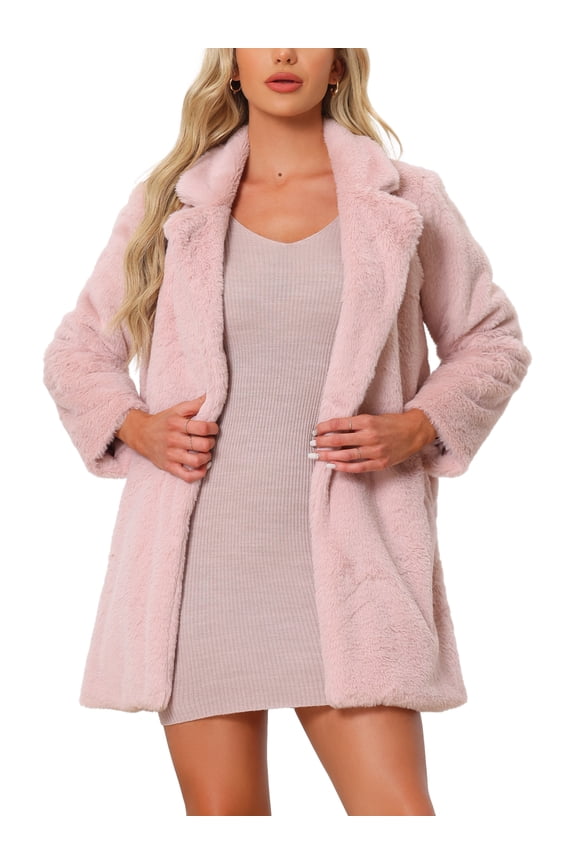 Lapel Faux Fur Coat for Women's Fuzzy Winter Warm Jacket Overcoat with Pockets XS Dusty Pink