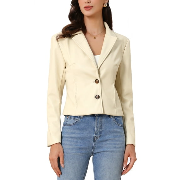 INSPIRE CHIC Women's Jacket Leather Blazer Long Sleeve Notched Lapel Collar Vintage Moto Biker Vegan Pleather Coat  S White