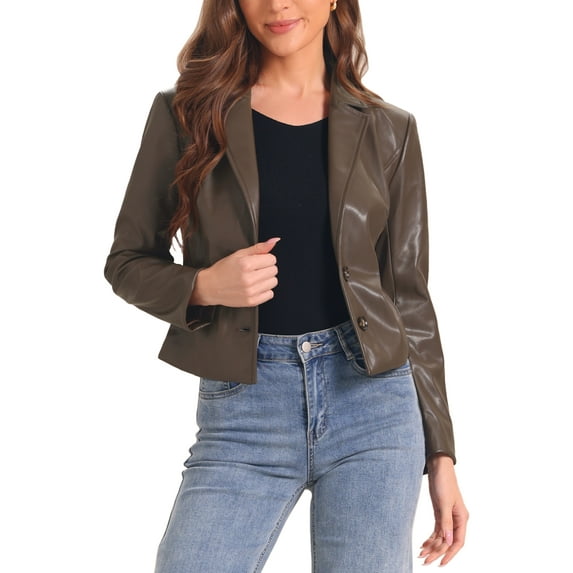 INSPIRE CHIC Women's Jacket Leather Blazer Long Sleeve Notched Lapel Collar Vintage Moto Biker Vegan Pleather Coat S Brown