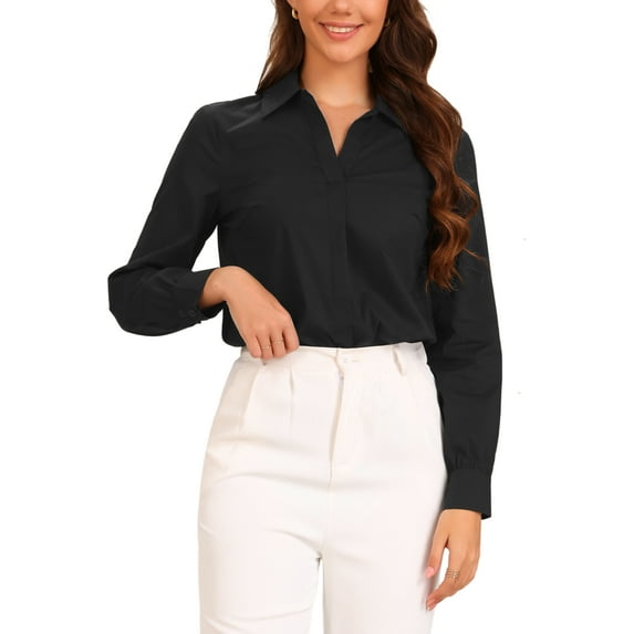 INSPIRE CHIC Leotard Shirt for Women's Collared Business Office Long Sleeves Bodysuit Work Shirt M Black
