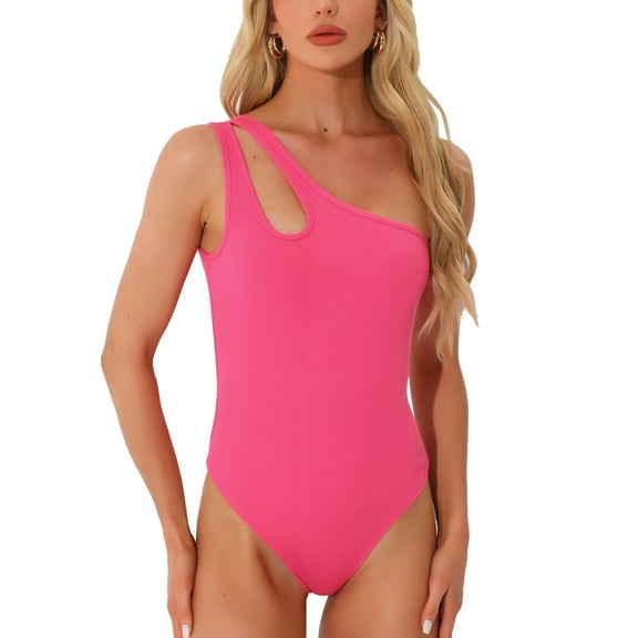 REFINED ATTIRE Leotard Shirt for Women's One Shoulder Ribbed Knit Slim Fit Bodysuit Tank Tops M Hot Pink