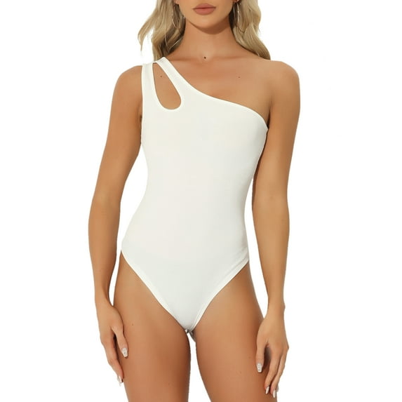 REFINED ATTIRE Leotard Shirt for Women's One Shoulder Ribbed Knit Slim Fit Bodysuit Tank Tops XS White