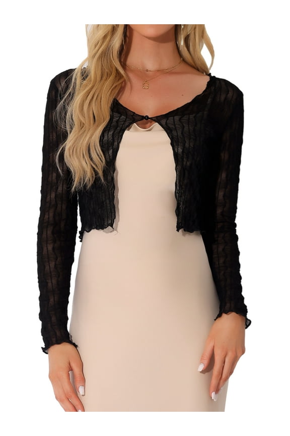 Bolero Shrug for Women's Sheer Mesh Tie Front Textured Crop Shrug for Evening Dresses M Black