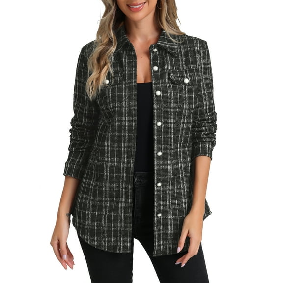 INSPIRE CHIC Lightweight Jackets for Women's Button Down Plaid Tweed Shackets
