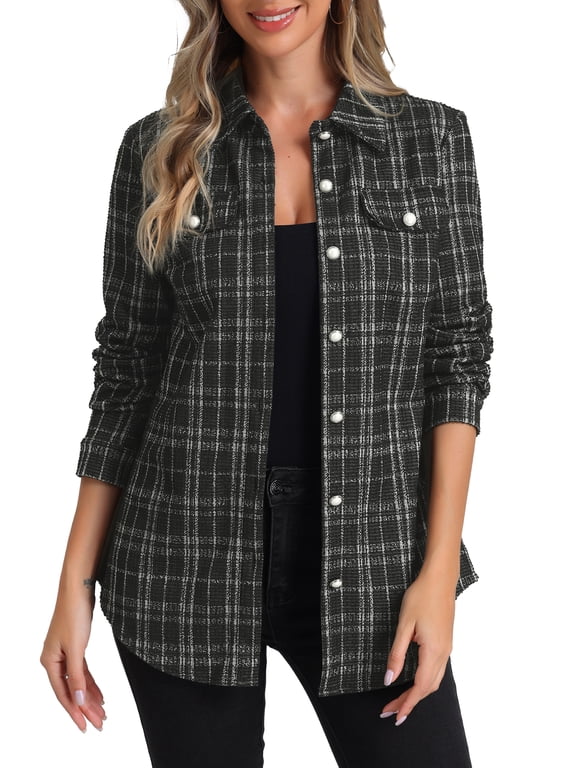 Lightweight Jackets for Women's Button Down Plaid Tweed Shackets