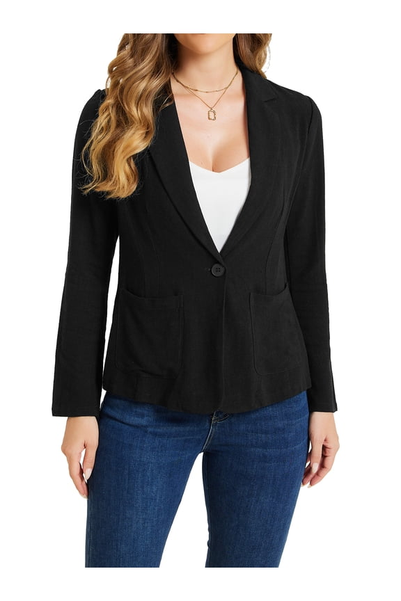 Linen Blazer for Women's Notch Lapel One Button Suit Jackets XS Black