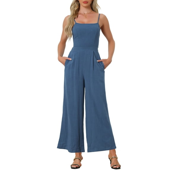 INSPIRE CHIC Linen Jumpsuits for Women's Casual Spaghetti Strap Sleeveless Wide Legs Rompers XS Dark Blue