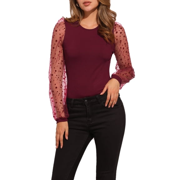 DARING DIVA Long Sleeve Bodysuit for Women's Clubwear Mesh Sleeves Jumpsuits Bodysuit XL Burgundy