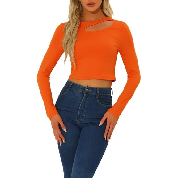 INSPIRE CHIC Long Sleeve Casual Top for Women's Cut Out Slim Fitted Basic Crop Tee Tops