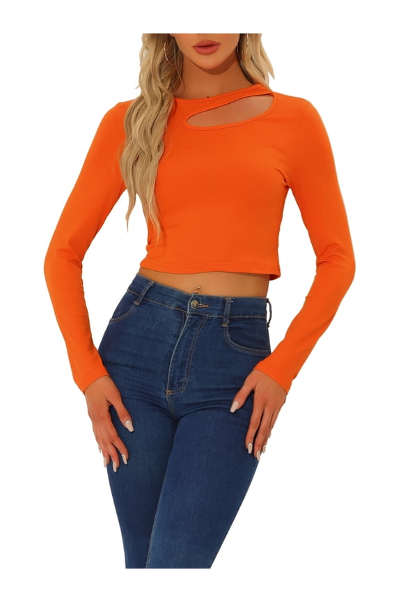 Long Sleeve Casual Top for Women's Cut Out Slim Fitted Basic Crop Tee Tops XS Orange
