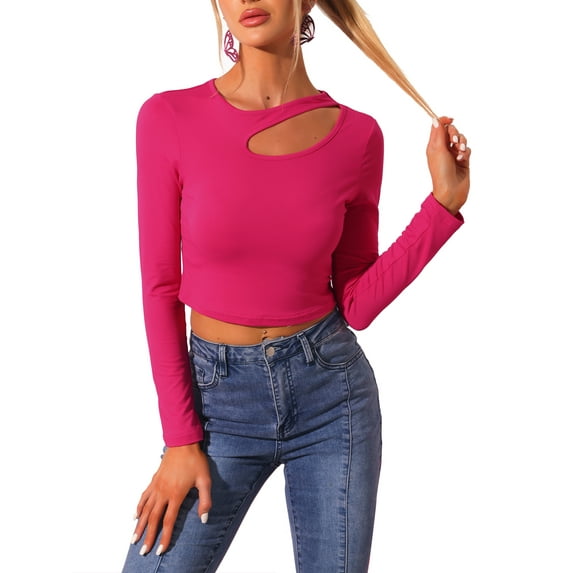Allegra K Long Sleeve Casual Top for Women's Cut Out Slim Fitted Basic Crop Tee Tops