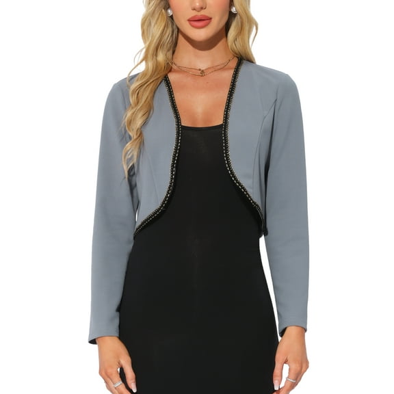 INSPIRE CHIC Long Sleeve Crop Cardigan for Women's Contrast Trim Collar Bolero Casual Work Tops M Gray