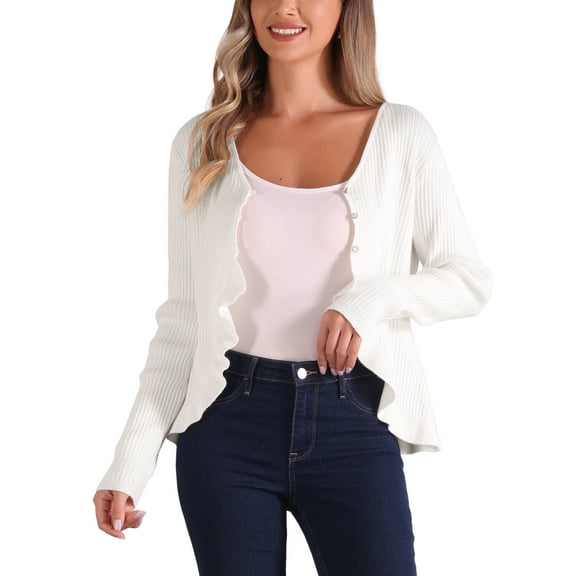 INSPIRE CHIC Long Sleeve Shrug for Women's Buttons Ruffle V Neck Sweater Cardigan M White