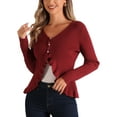 thumbnail image 1 of INSPIRE CHIC Long Sleeve Shrug for Women's Buttons Ruffle V Neck Sweater Cardigan S Dark Red, 1 of 2