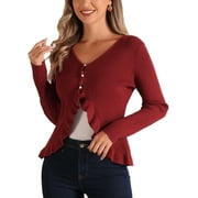 INSPIRE CHIC Long Sleeve Shrug for Women's Buttons Ruffle V Neck Sweater Cardigan S Dark Red