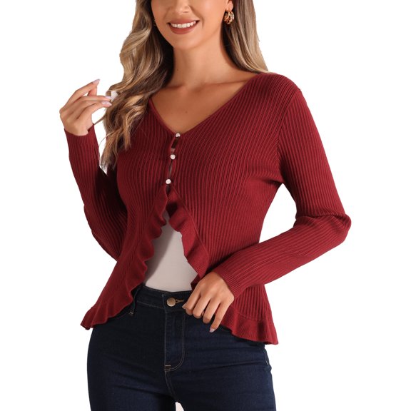 INSPIRE CHIC Long Sleeve Shrug for Women's Buttons Ruffle V Neck Sweater Cardigan XL Dark Red