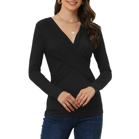 INSPIRE CHIC Long Sleeve Tops for Women Casual V Neck Cross Front T Shirts Blouse Black XS
