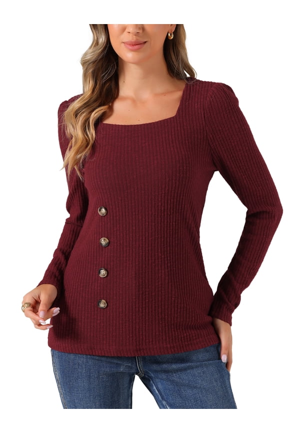Long Sleeve Tops for Women's Button Decor Square Neck Sweater Tops M Burgundy