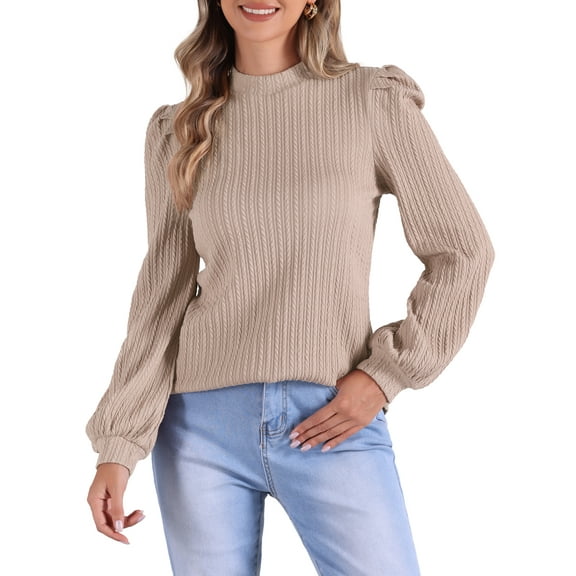 INSPIRE CHIC Long Sleeve Tunic Tops for Women's Mock Neck Puff Sleeve Casual Blouse L Camel