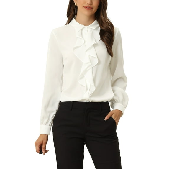 INSPIRE CHIC Lotus Ruffled Work Shirt for Women's Collar Neck Long Sleeve Vintage Blouse Top White S