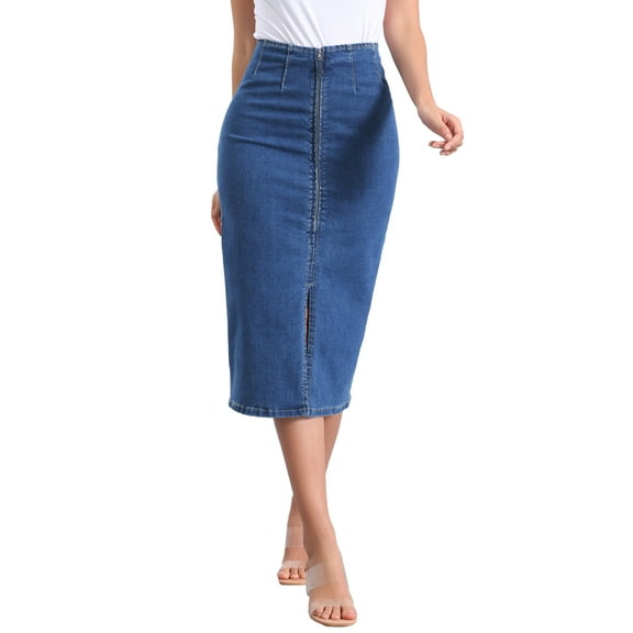 INSPIRE CHIC Maxi Denim Skirt for Women's Front Slit Zipper High Waist Bodycon Jean Skirt XL Jean Blue