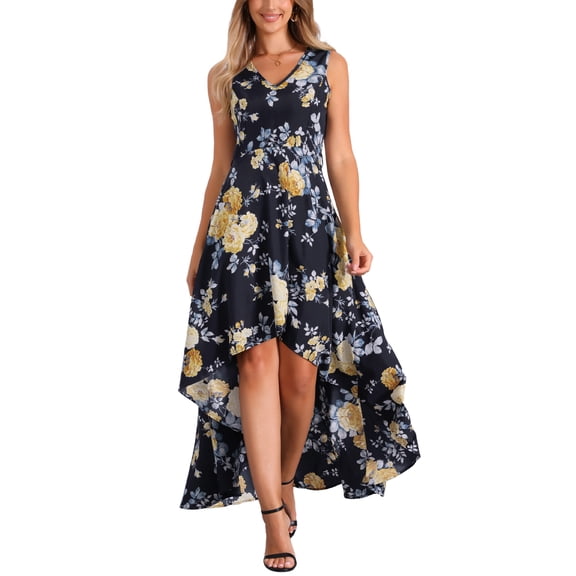 INSPIRE CHIC Maxi Dress for Women's Casual V Neck Floral Print Belt Sleeveless Long Dresses XS Navy Blue