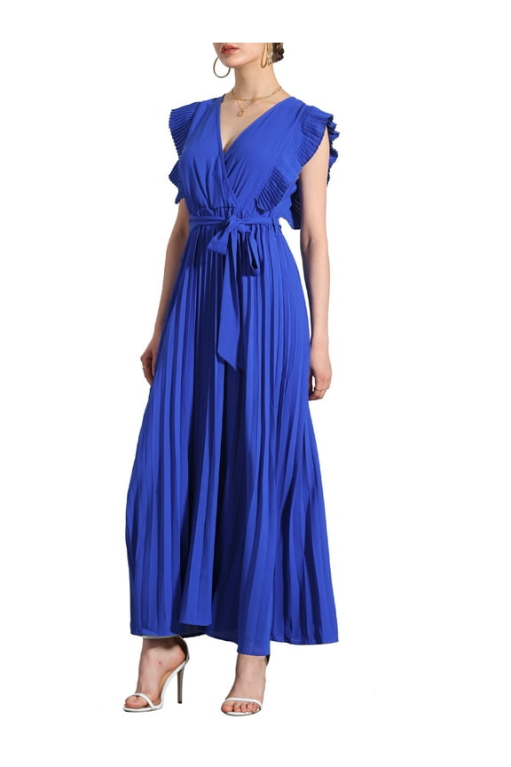 Women's Wrap Dress V Neck Ruffled Trim Fit & Flare Maxi Dress S Royal Blue