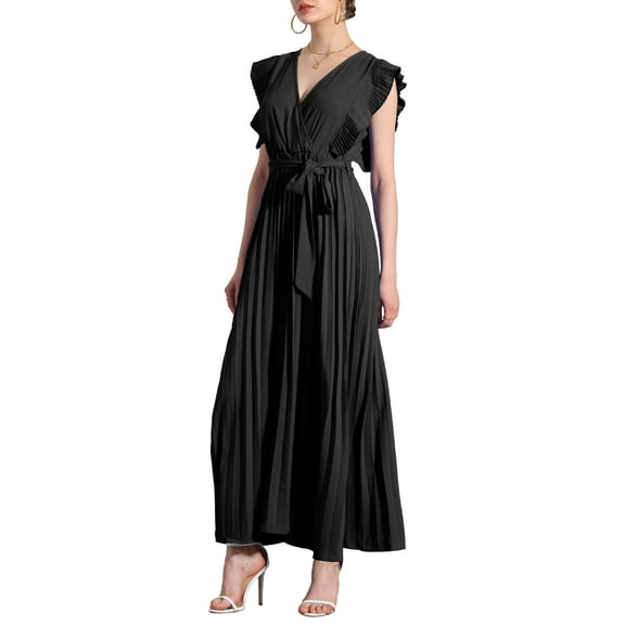 INSPIRE CHIC Women's Wrap Dress V Neck Ruffled Trim Fit & Flare Maxi Dress S Black