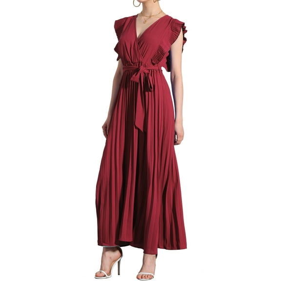 INSPIRE CHIC Women's Wrap Dress V Neck Ruffled Trim Fit & Flare Maxi Dress M Red