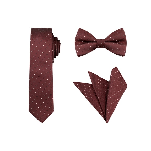 INSPIRE CHIC Men's Polka Dots Tie Set Skinny Necktie Pre-Tied Bow Tie and Pocket Square One Size Wine Red