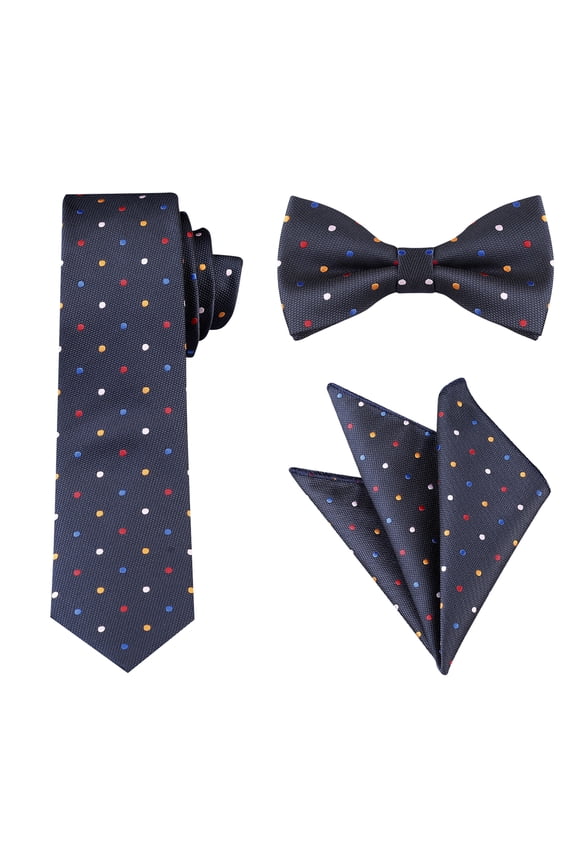 Men's Polka Dots Tie Set Skinny Necktie Pre-Tied Bow Tie and Pocket Square One Size Navy Blue Colorful