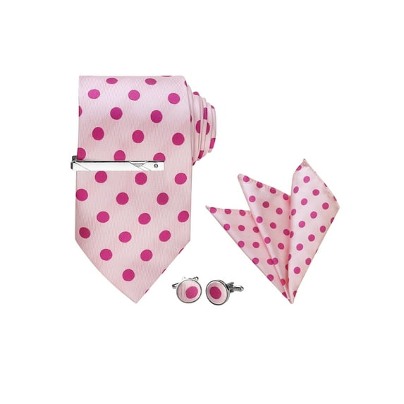 INSPIRE CHIC Men's Polka Dots Necktie, Tie Clip, Cuff Links, Pocket Square Set Business Wedding Pink Fuchsia