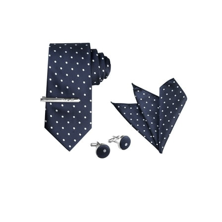 INSPIRE CHIC Men's Polka Dots Necktie, Tie Clip, Cuff Links, Pocket Square Set Business Wedding Navy Blue White