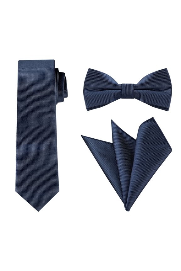 Men's Solid Color Necktie Pre-Tied Bow Tie and Pocket Square Set Ties for Wedding Business Navy Blue One Size