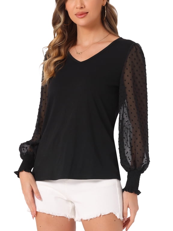 Mesh Contrast Top for Women's Semi Sheer Polka Dots Long Sleeve V Neck Casual Blouse Top