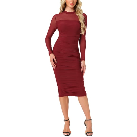INSPIRE CHIC Mesh Dress for Women's Mock Neck Long Sleeve Ruch Cocktail Bodycon Dresses L Dark Red