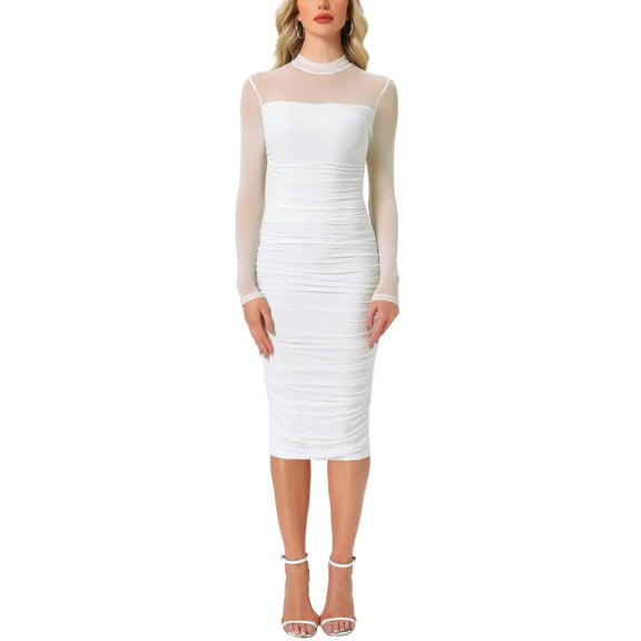 INSPIRE CHIC Mesh Dress for Women's Mock Neck Long Sleeve Ruch Cocktail Bodycon Dresses XL White