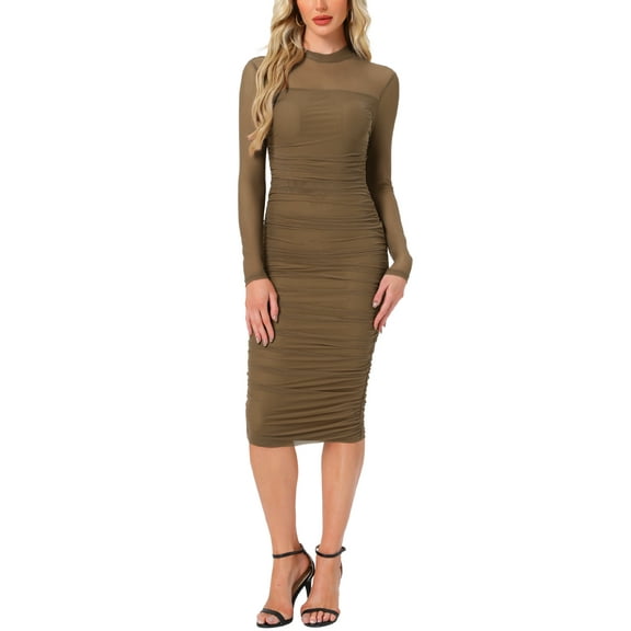 INSPIRE CHIC Mesh Dress for Women's Mock Neck Long Sleeve Ruch Cocktail Bodycon Dresses XS Camel