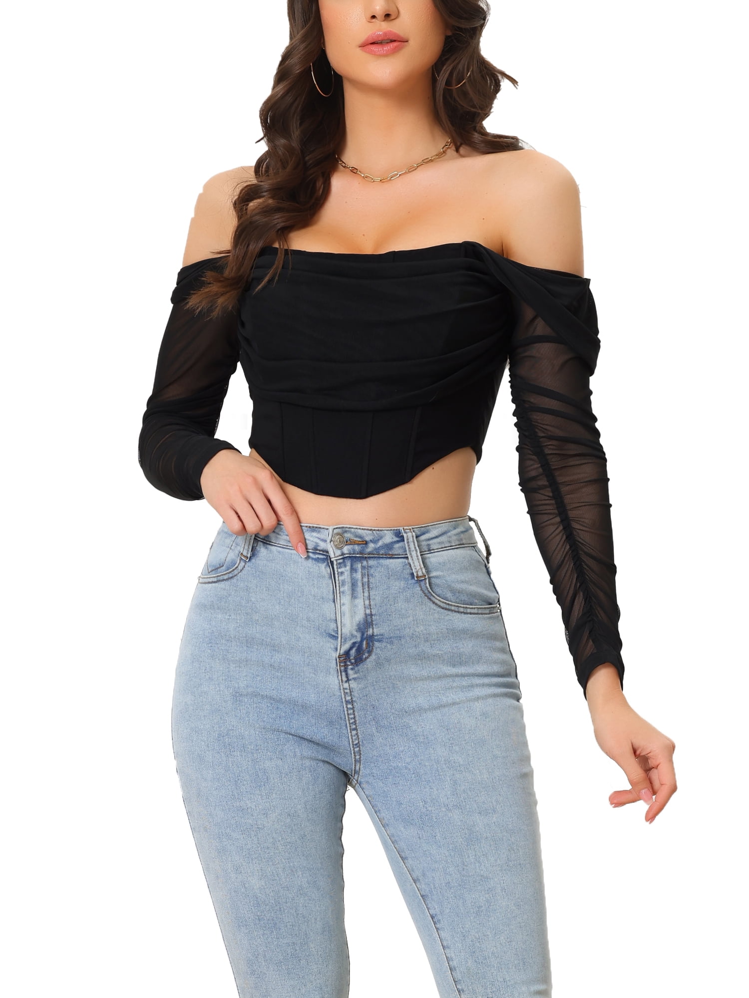 Off Shoulder Sleeve Mesh Sheer Corset Top