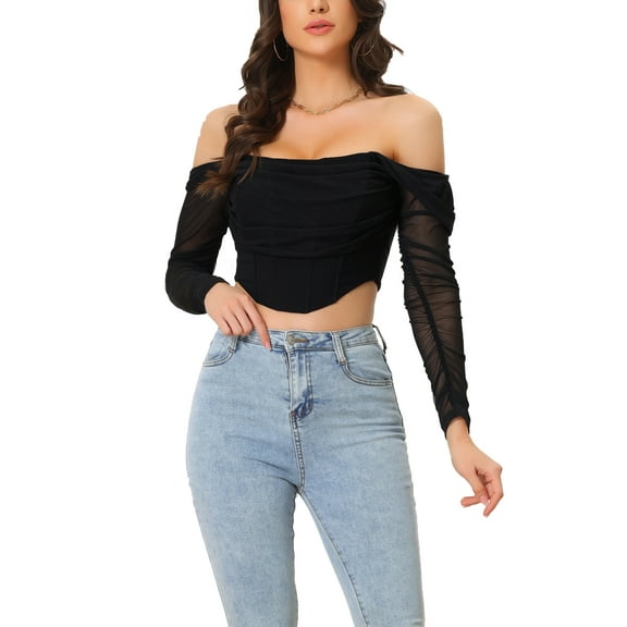INSPIRE CHIC Mesh Sheer Long Sleeve Corset Crop Top for Women Ruched Off Shoulder Blouse Push Up Party Boned Bustier XS Black