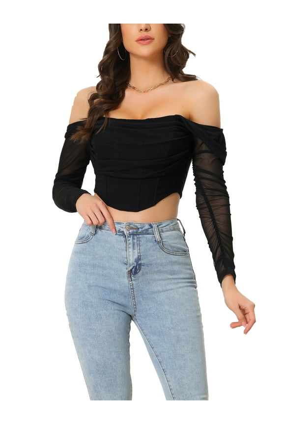 Mesh Sheer Long Sleeve Corset Crop Top for Women Ruched Off Shoulder Blouse Push Up Party Boned Bustier XS Black