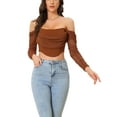 thumbnail image 1 of INSPIRE CHIC Mesh Sheer Long Sleeve Corset Crop Top for Women Ruched Off Shoulder Blouse Push Up Party Boned Bustier L Brown, 1 of 6
