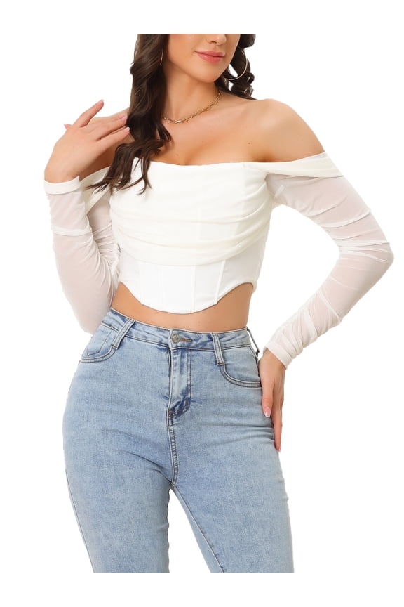 Mesh Sheer Long Sleeve Corset Crop Top for Women Ruched Off Shoulder Blouse Push Up Party Boned Bustier M Beige